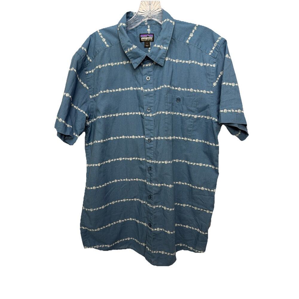 Patagonia Shirt Mens Large Blue Graphic Print Short Sleeve Organic Casual